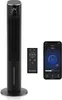 A black tower fan and its accessories, a remote control and a smartphone app. Voir les images du produit