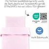 A pink duvet and pillow are shown, with marketing text and certifications on the right. Produktbild-Vorschau