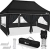 A black pop-up canopy tent with side walls and windows, along with its accessories, laid out on a white background. Produktbild-Vorschau