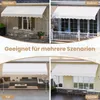 A collage of four images showing white awnings installed in different outdoor settings: a garden, a balcony, a patio area, and next to a house with windows. Anteprima dell’immagine prodotto