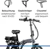 A close-up of an electric folding bicycle with feature callouts. Produktbild-Vorschau
