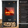 A diagram of an electric fireplace with numbered callouts and descriptive text in German, highlighting its features and operation. Produktbild-Vorschau