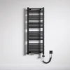 A black electric towel radiator mounted on a textured white wall, with a coiled power cord connecting to a wall socket. Produktbild-Vorschau