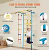 A child is using a colorful indoor climbing frame, with various features highlighted by text overlays. Náhled obrázku produktu