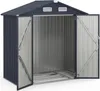 An empty, dark gray metal shed with its double doors open, revealing the silver interior. Náhled obrázku produktu