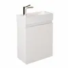 A white bathroom vanity with a sink and faucet against a white background. Produktbild-Vorschau