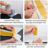 Four-panel instructional image showing how to prepare a surface and apply a self-adhesive skirting board. Produktbild-Vorschau