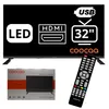 A collage of a television, its packaging, and a remote control, with marketing icons on the TV screen. Produktbild-Vorschau