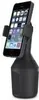 A black car phone holder with a smartphone mounted in it, against a white background. Produktbild-Vorschau