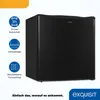 A black mini refrigerator with informational icons and text on the left side. Produktbild-Vorschau
