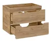 A wooden bathroom vanity cabinet with two drawers is shown against a white background. The top drawer is slightly open, revealing compartments inside, while the bottom drawer is pulled out further. Podgląd zdjęcia produktu