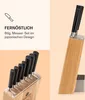 A split image showing a knife block with knives on the left and a single knife in a wooden block on the right, with descriptive text on the left. Produktbild-Vorschau