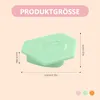 A product shot showing a green sewing tool with measurements. The background is a soft pink and mint green gradient, and there are smaller circular color samples at the bottom right. Produktbild-Vorschau