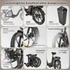 A collage of images showcasing the features of an electric bicycle. Produktbild-Vorschau
