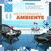 A Mediterranean-themed outdoor seating area with two chairs, small mosaic tables, and a view of the ocean. Produktbild-Vorschau