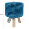 A blue crocheted stool with wooden legs, shown with dimensions indicated. Náhled obrázku produktu
