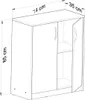 A 3D rendering of a white and wood-grain two-door cabinet with dimensions indicated. Produktbild-Vorschau