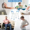 A collage of four images showing different people using a shower stool, with a central image of the stool itself. Podgląd zdjęcia produktu