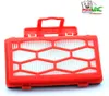 A red vacuum cleaner filter with a white pleated filter element, set against a white background. A logo is visible in the top right corner. Produktbild-Vorschau