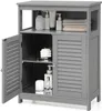 A gray bathroom storage cabinet with its left door open, displaying shelves and items like bottles, a candle, and towels. Podgląd zdjęcia produktu