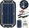 A collage of a solar battery charger for cars, showing the charger itself, its accessories, and a diagram of its use. Produktbild-Vorschau