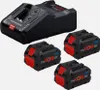 A Bosch battery charger and three Bosch ProCORE 18V batteries are displayed against a light gray background. Produktbild-Vorschau