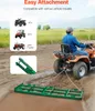 A person is riding an ATV, pulling a green implement through a muddy field. The image also shows smaller pictures of an ATV, UTV, and lawn tractor, along with a close-up of the implement's hitch. Produktbild-Vorschau