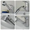 A collage of four close-up images of a chrome kitchen faucet with a pull-out spray. Produktbild-Vorschau