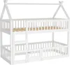 A white wooden bunk bed with a house-shaped frame and a ladder. Voir les images du produit