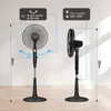 Diagrams showing the features and dimensions of a black oscillating fan. Produktbild-Vorschau