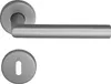 A door handle and a keyhole escutcheon plate, both made of brushed metal, are shown against a white background. Produktbild-Vorschau
