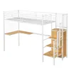 A white metal loft bed with an L-shaped desk and stairs on a white background. Produktbild-Vorschau