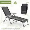A diagram showing the dimensions of a folded and unfolded black lounge chair, with text indicating weight capacity and a note about the middle legs. Náhled obrázku produktu