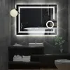 A modern bathroom with a large, illuminated mirror above a vanity with towels and a sink. A bathtub is visible in the reflection. Náhled obrázku produktu