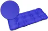 A blue tufted cushion on a white background, with a close-up inset of the fabric texture. Produktbild-Vorschau