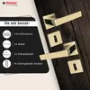 A set of door handles and accessories displayed on a dark wooden surface, with a black overlay detailing the contents of the set. Produktbild-Vorschau