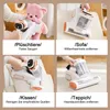 A collage of four images showing a handheld vacuum cleaner being used on different surfaces: a teddy bear, a sofa, a pillow, and a carpet. Produktbild-Vorschau