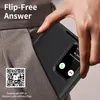 A hand is placing a black flip case phone cover into a pocket of gray pants. The phone cover has a smart view window displaying a call interface. Náhled obrázku produktu