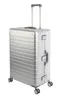 A silver aluminum trolley suitcase with a retractable handle and four wheels, shown against a white background. Náhľad obrázku produktu
