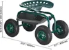 A garden cart with a seat and storage tray is shown on a white background with dimensions indicated by lines and text. Produktbild-Vorschau