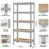 A shelving unit with multiple shelves, shown with callouts highlighting its features. Produktbild-Vorschau