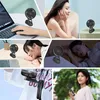 Collage showing a portable fan in various use cases, including clipped to clothing, near a laptop, and beside a sleeping person. Produktbild-Vorschau