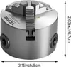 A close-up, angled view of a metal lathe chuck with dimensions indicated by overlaid text and arrows. Anteprima dell’immagine prodotto