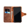 A brown leather wallet-style phone case with a phone inside and cards in the wallet slots, shown against a white background. Produktbild-Vorschau