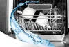 A dishwasher rack with a white pot inside, with a splash of water flowing over it. Podgląd zdjęcia produktu