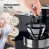 A woman is smiling in the background while a hand holds a coffee filter over a coffee machine. Produktbild-Vorschau