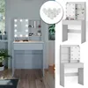 A collage of images showing a white vanity table with LED lights, including a close-up of the lights and a full product shot. Podgląd zdjęcia produktu