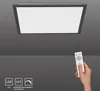 A hand holding a remote control is shown in the foreground, with a black framed LED panel ceiling lamp in the background. Icons indicating LED, CCT, and dimmable warm white to cool white are displayed at the bottom left. Produktbild-Vorschau