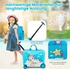 A young girl is shown with a blue unicorn-themed suitcase and backpack, with close-ups of the suitcase's features and materials. Produktbild-Vorschau