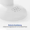 Close-up of the base of a white fan with control buttons and text describing its features. Produktbild-Vorschau